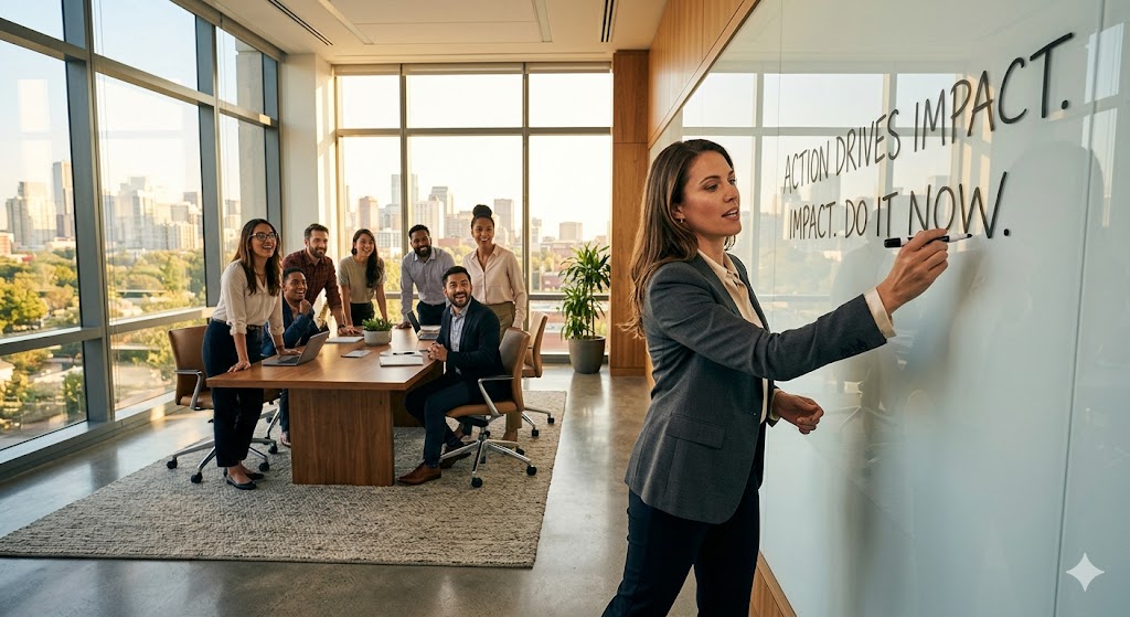 Führungskraft schreibt entschlossen auf ein Whiteboard