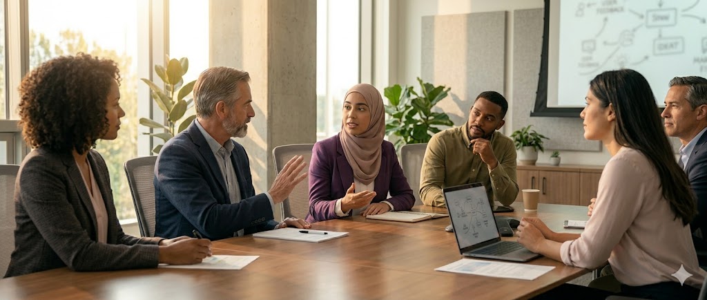 Teammeeting bei dem ein Beitrag einer Minderheit aufmerksam analysiert wird