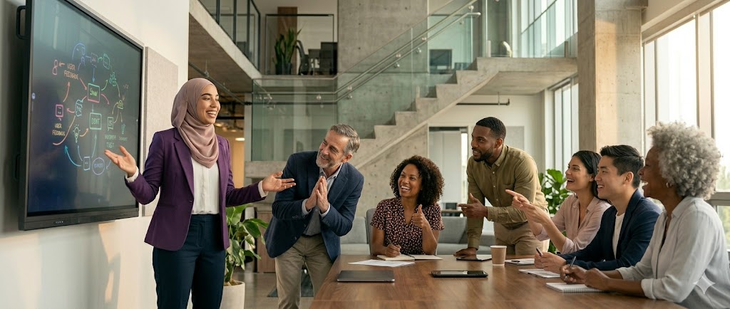 Diverses Team in einer kreativen Phase der echten Einbindung