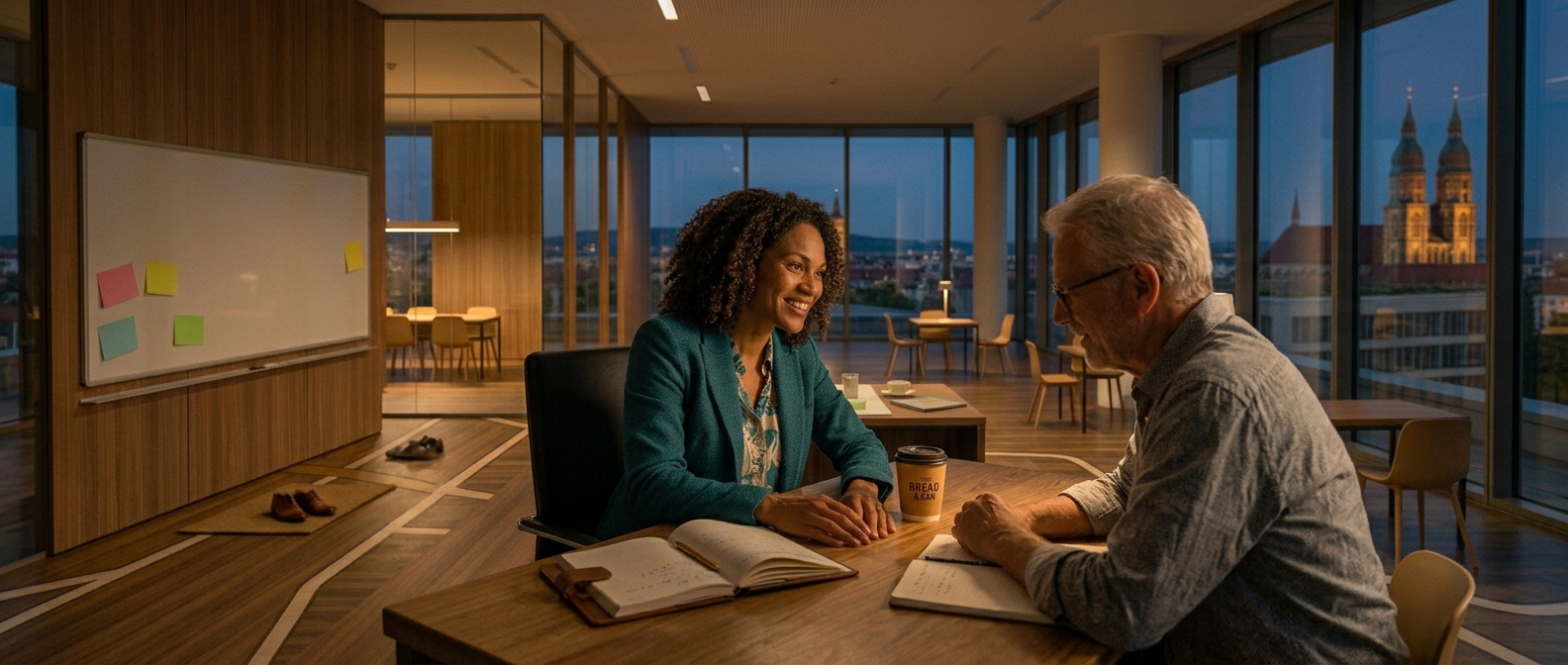 A leader in a one-on-one conversation, leaning slightly forward with genuine attention and warmth. The other person is visibly relaxing and opening up. The scene conveys empathy and connection in a professional setting. Modern office with natural light, editorial photography style.