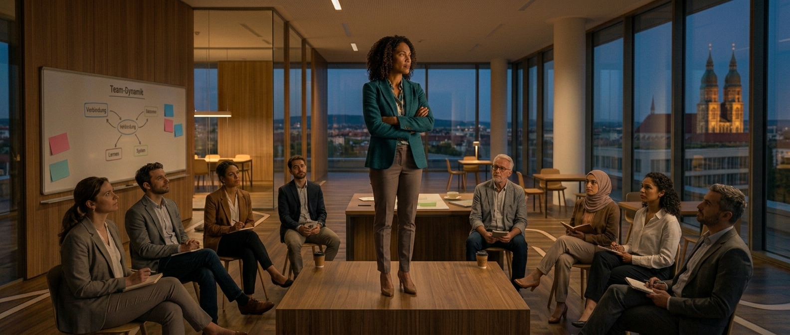 A leader standing in front of their team, but slightly disconnected – arms crossed, face tight. The team members look carefully guarded. The image captures the subtle gap that emotional distance creates. Modern office setting, muted tones, documentary style.