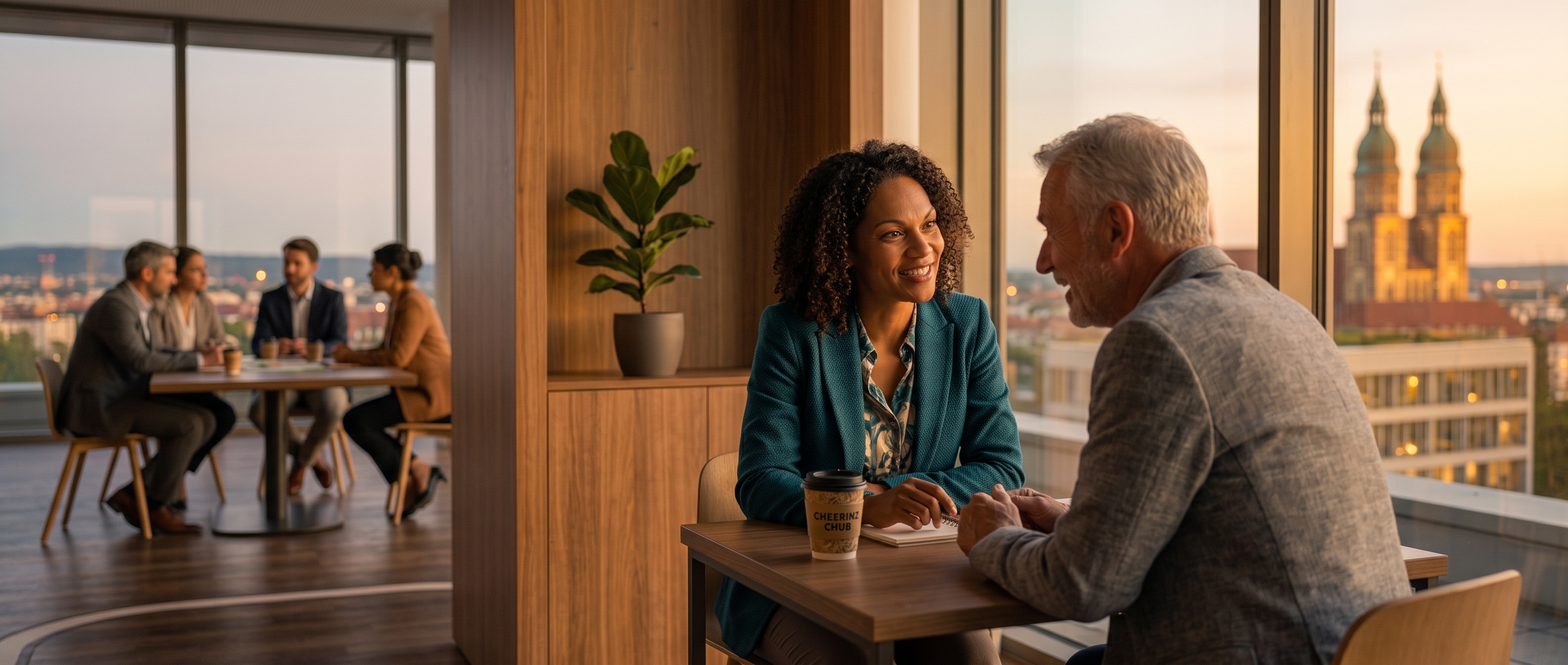 Two professionals in an intense but warm conversation. One is listening with visible emotional presence – not just patience, but genuine curiosity and care. The body language shows real attention and openness. Warm light, modern interior, editorial portrait style.