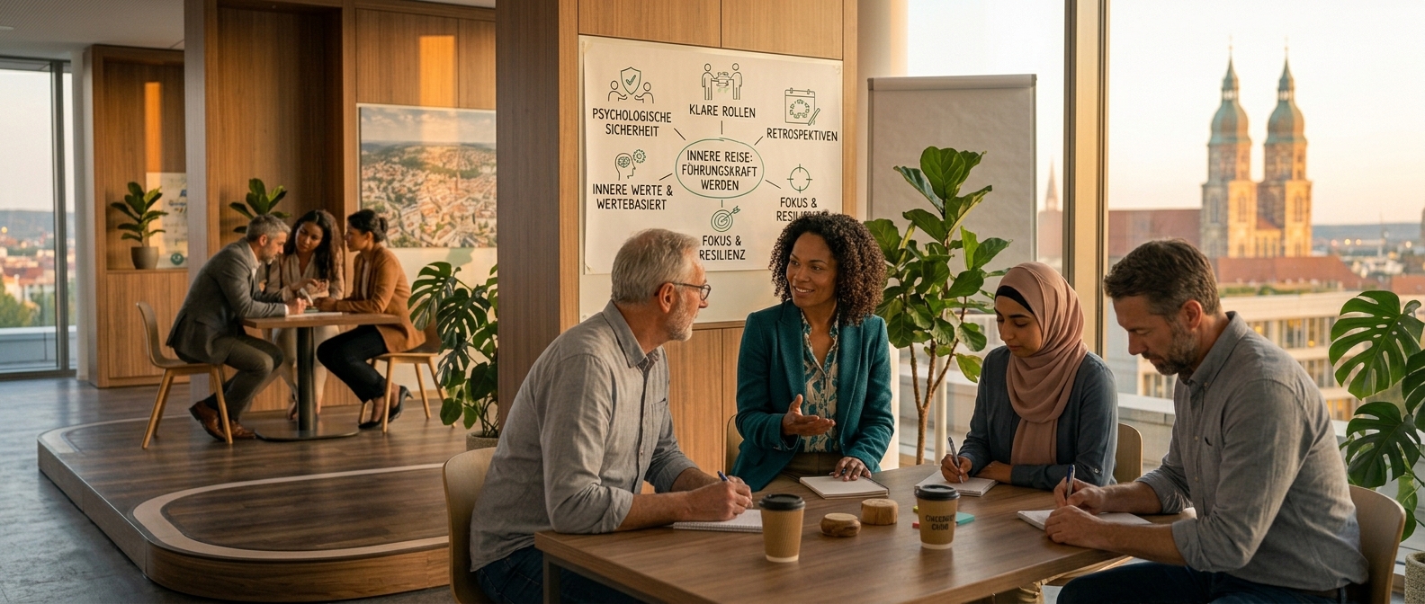 A workshop setting where leaders are engaged in a self-reflection exercise. Some are writing thoughtfully, others are sharing in pairs. The atmosphere conveys inner work and growth. Warm, professional seminar setting. Documentary photography style.