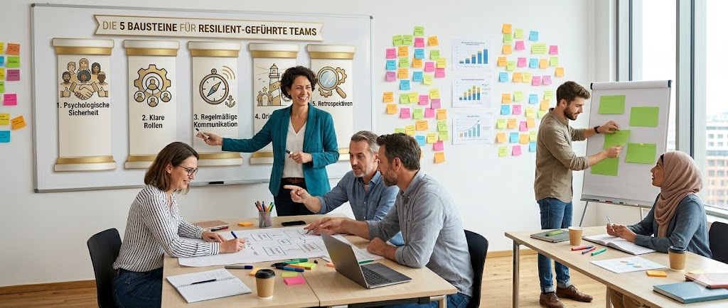 Trainer am Whiteboard führt Workshop mit aktiven Teilnehmern durch