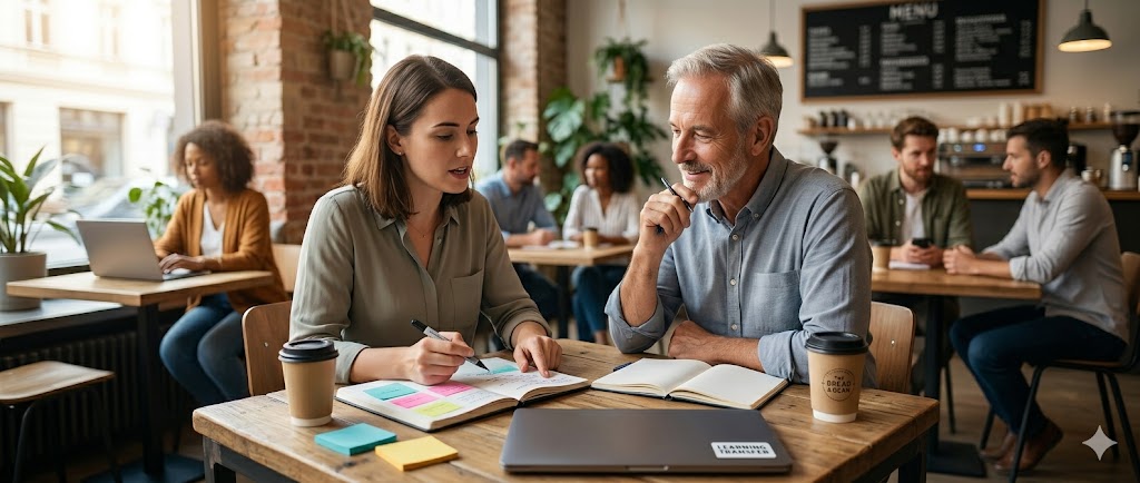 Zwei Teilnehmer reflektieren nach einem Workshop in einem Coaching-Gespräch ihre Notizen
