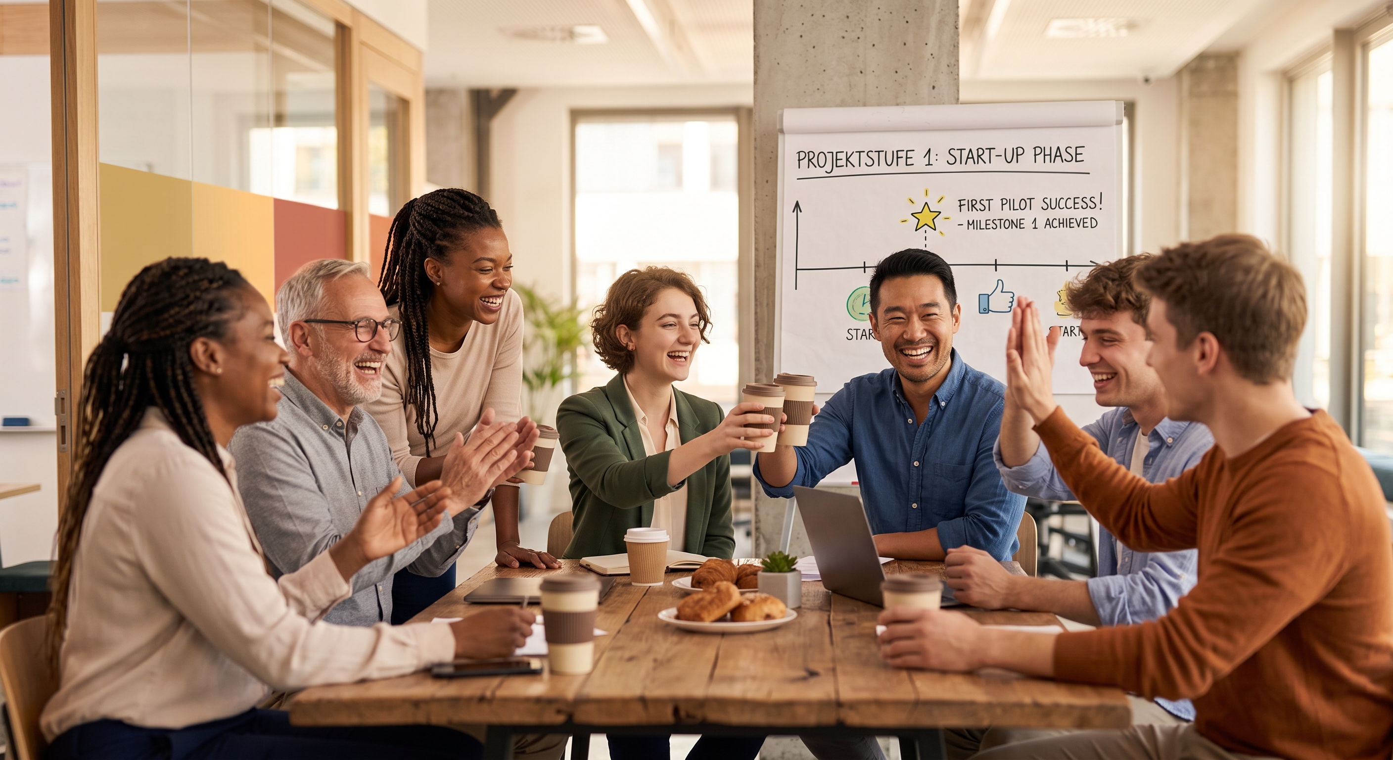 Ein diverses Team feiert zusammen lachend den ersten Erfolg eines neuen Mitglieds