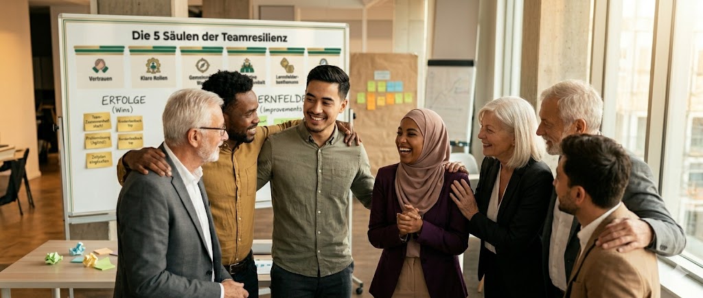 Team, das erleichtert und stolz zusammensteht
