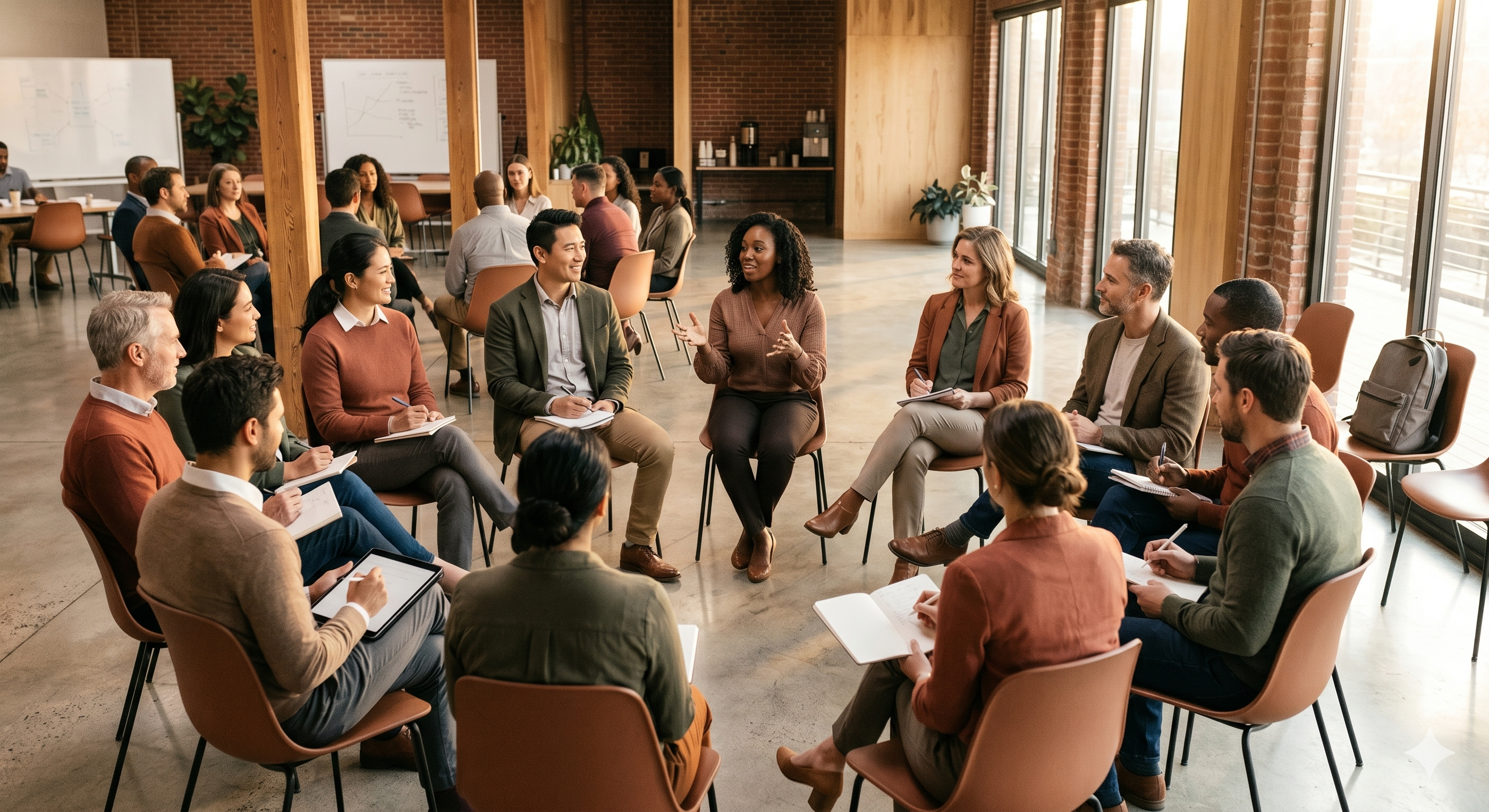 Gruppe von Profis in einer animierten Diskussion in einem modernen Workshop-Raum