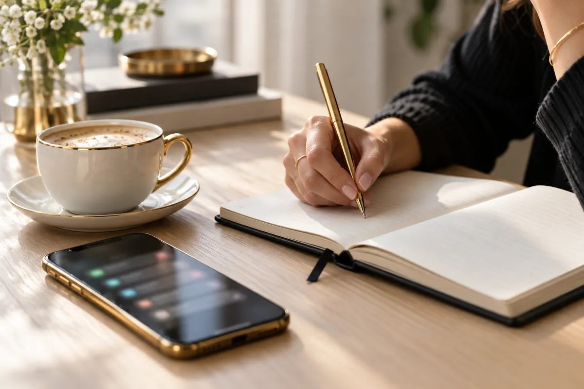 Hand schreibt mit goldenem Stift in ein Notizbuch, daneben Kaffee und ein Smartphone voller Benachrichtigungen