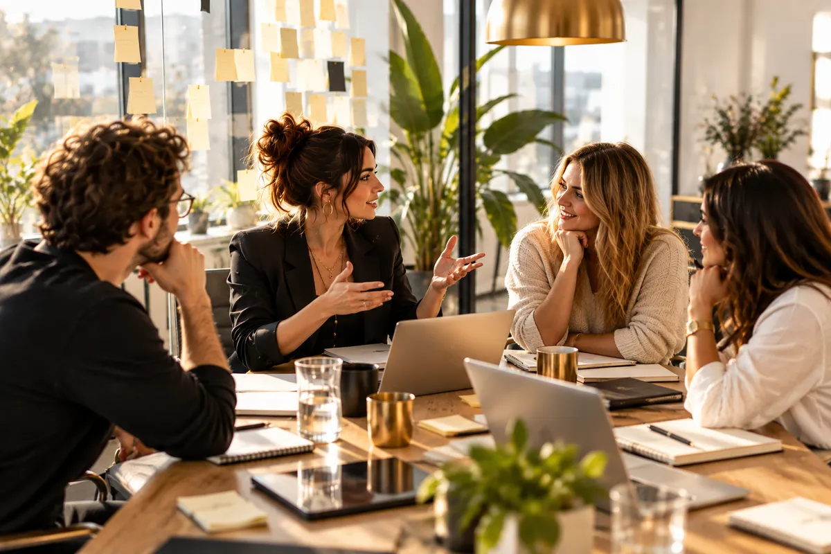 Kleines Team im lebhaften Gespräch an einem Tisch im hellen Büro