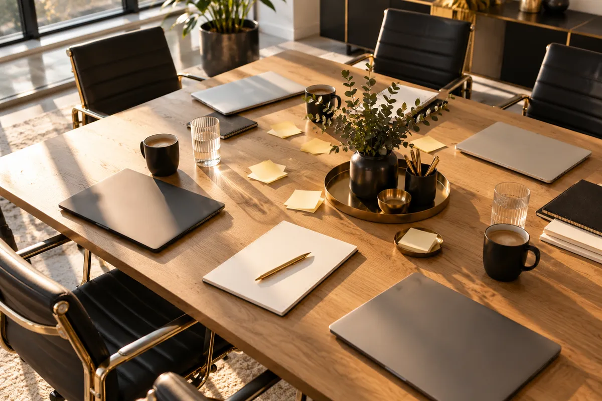Besprechungstisch nach einem Meeting mit zugeklappten Laptops und unbenutzten Haftnotizen