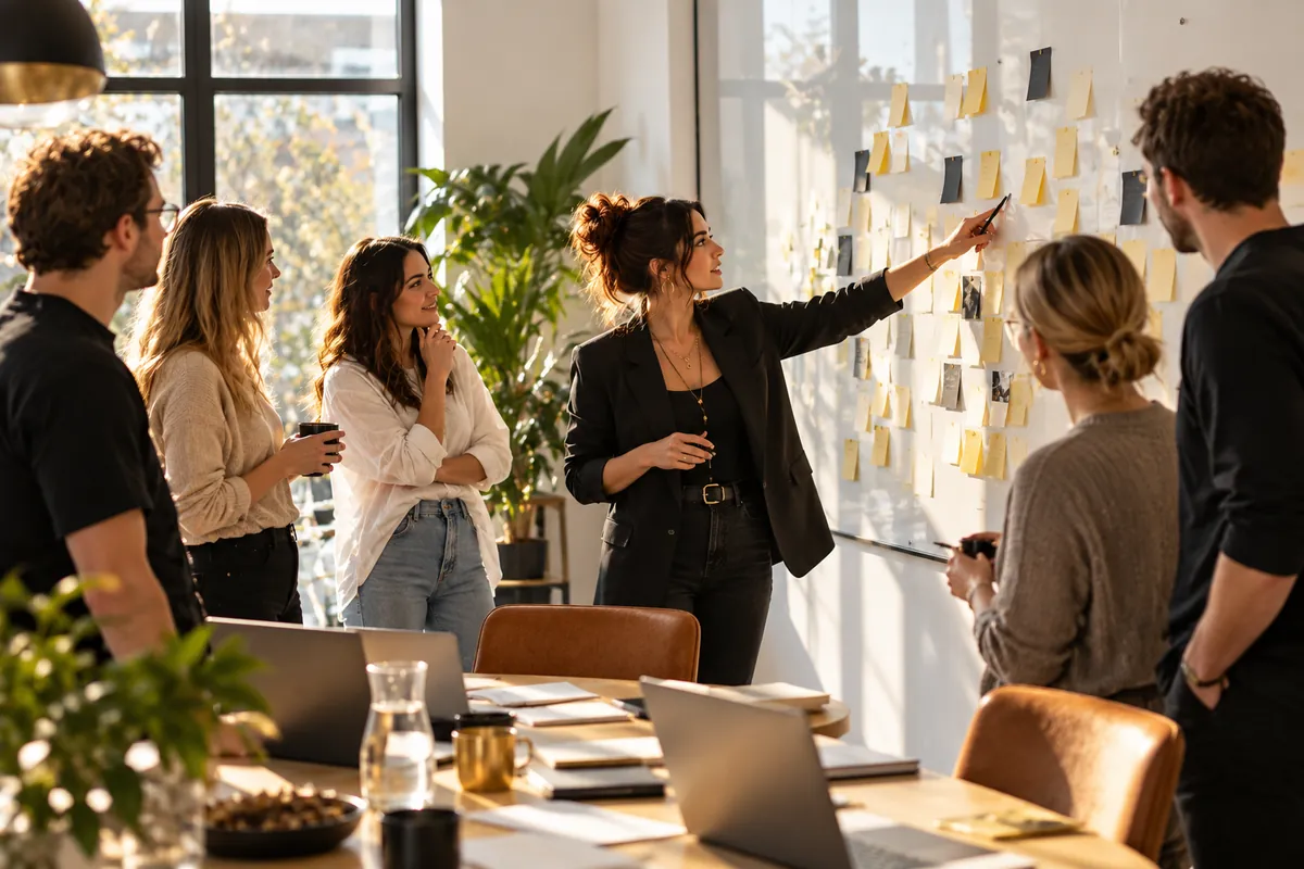 Workshop-Leiterin zeigt auf eine Wand voller Haftnotizen